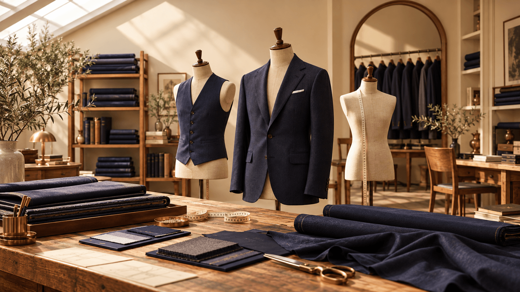 Tailoring studio with fabrics, mannequins and finished garments
